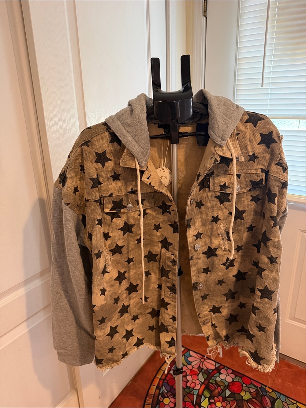 Oddy Womens Distressed Star-Print Hooded Jean Jacket Washed Taupe NWT size 2X/3X